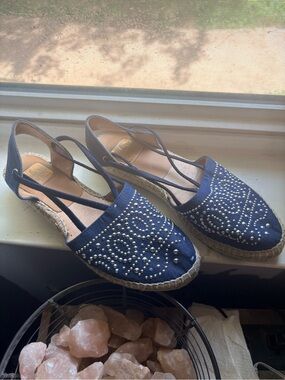 Kanna brand European Navy Studded Espadrille Slingback Flats sz 38